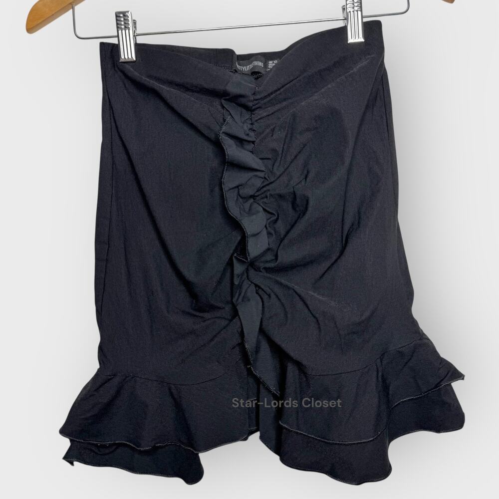 PrettyLittleThing Black Mini Skirt Size 8 High Waist Ruched Frill